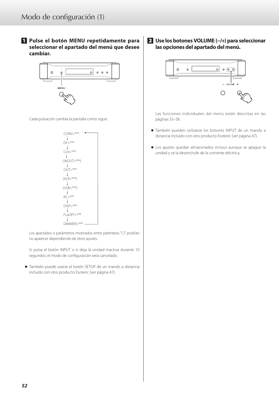 Modo de configuración, Modo de configuración (1) | Teac D-07x User Manual | Page 52 / 68