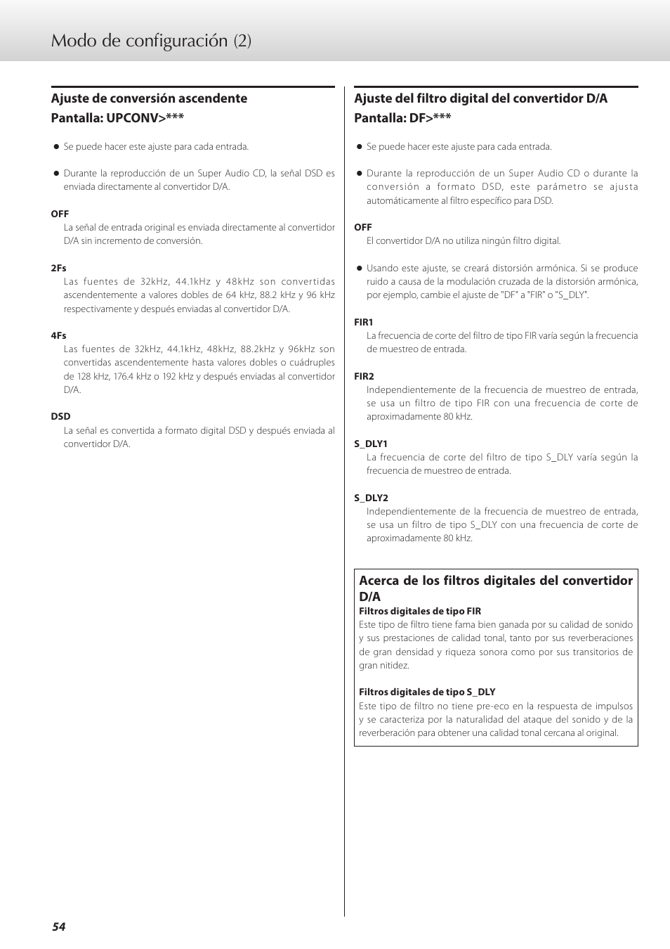 Modo de configuración (2), Ajuste de conversión ascendente pantalla: upconv | Teac D-07x User Manual | Page 54 / 68