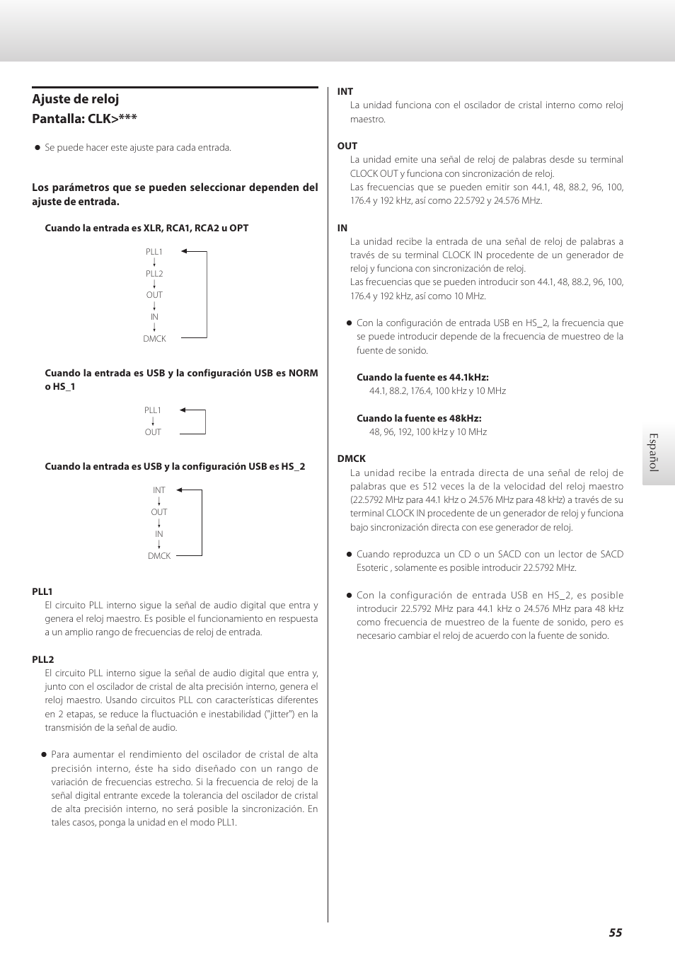 Ajuste de reloj pantalla: clk | Teac D-07x User Manual | Page 55 / 68