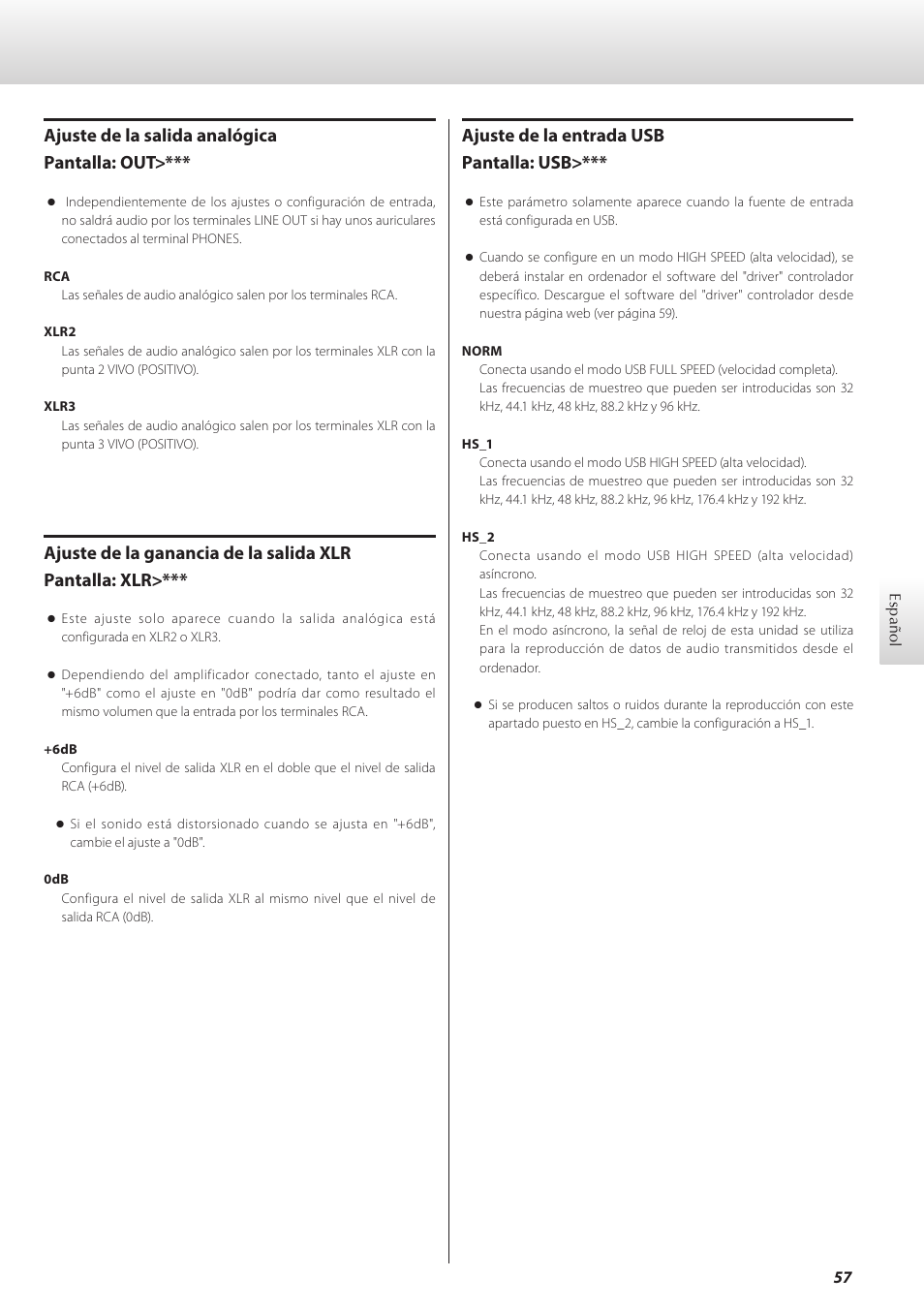 Ajuste de la salida analógica pantalla: out, Ajuste de la entrada usb pantalla: usb | Teac D-07x User Manual | Page 57 / 68