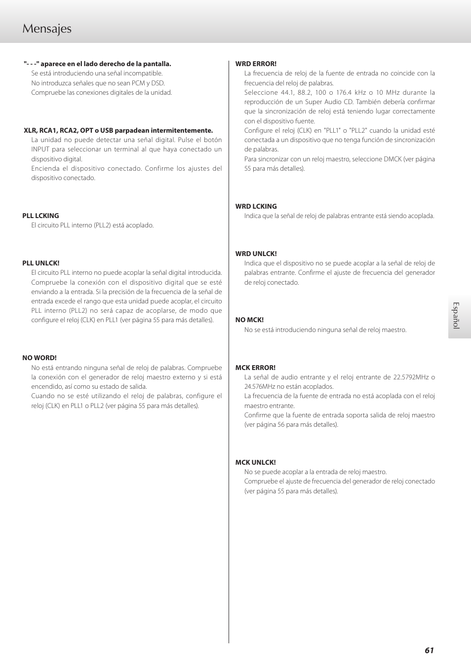 Mensajes | Teac D-07x User Manual | Page 61 / 68