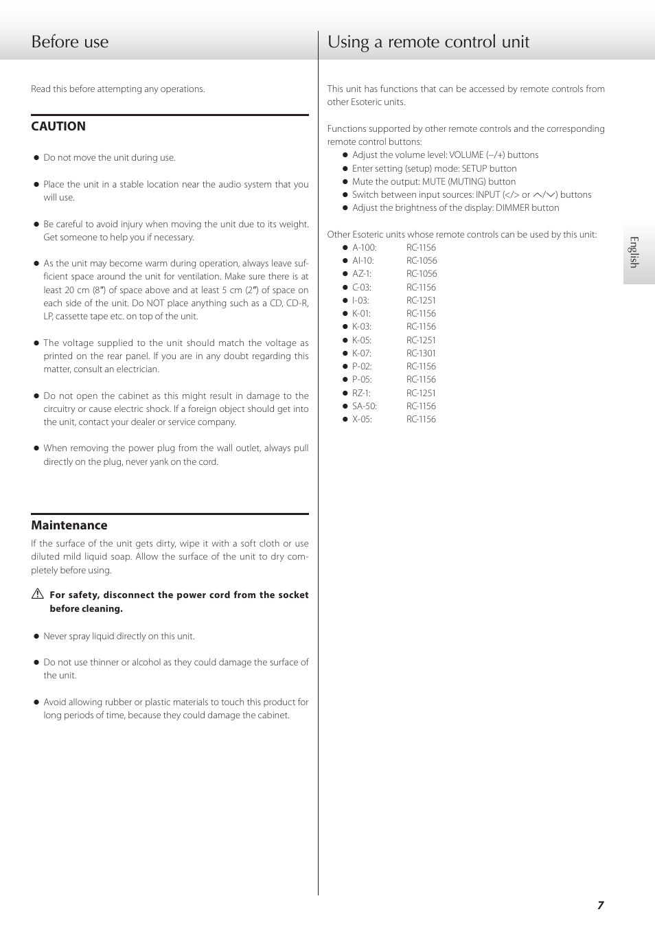 Before use, Using a remote control unit, Before use using a remote control unit | Caution, Maintenance | Teac D-07x User Manual | Page 7 / 68