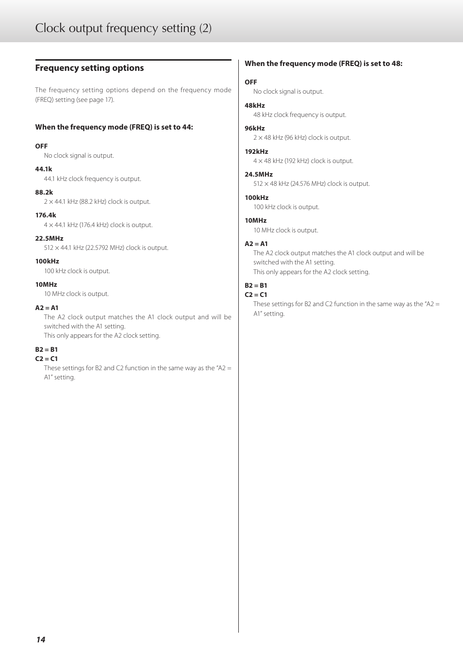 Clock output frequency setting (2), Frequency setting options | Teac G-01 User Manual | Page 14 / 60