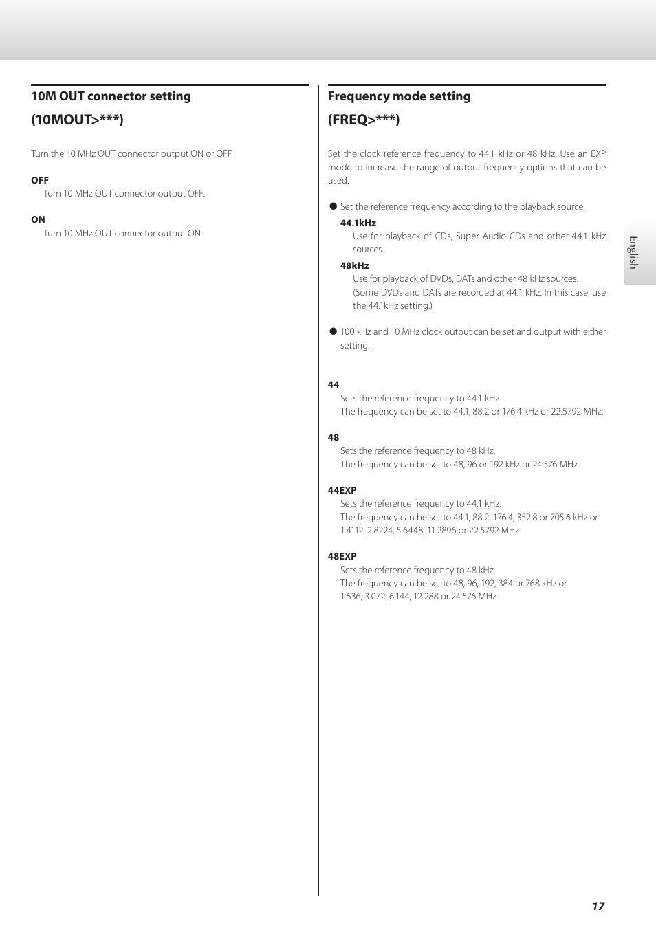 Freq>***), 10mout>***), Frequency mode setting | 10m out connector setting | Teac G-01 User Manual | Page 17 / 60