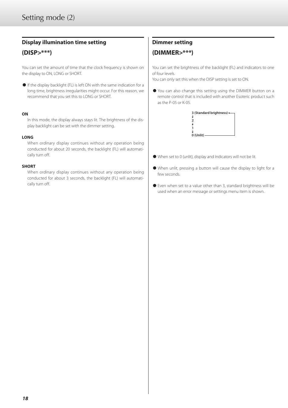 Setting mode (2), Disp>***), Dimmer>***) | Display illumination time setting, Dimmer setting | Teac G-01 User Manual | Page 18 / 60