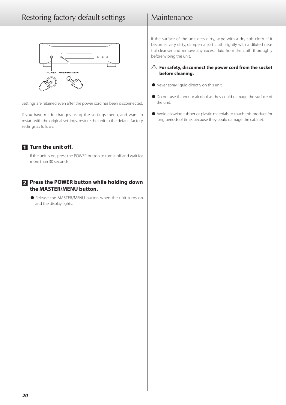 Restoring factory default settings, Maintenance, Restoring factory default settings maintenance | Teac G-01 User Manual | Page 20 / 60