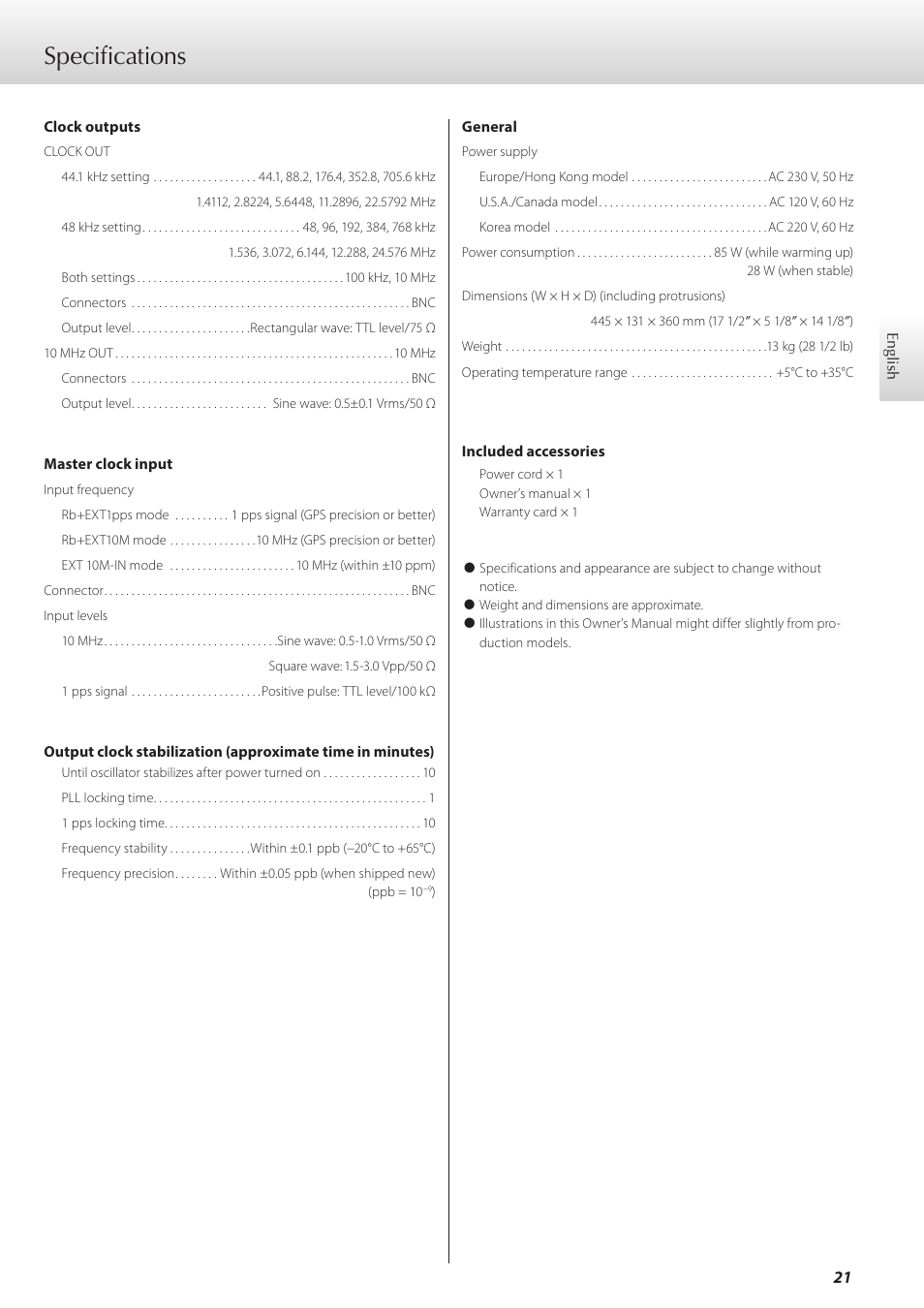 Specifications | Teac G-01 User Manual | Page 21 / 60