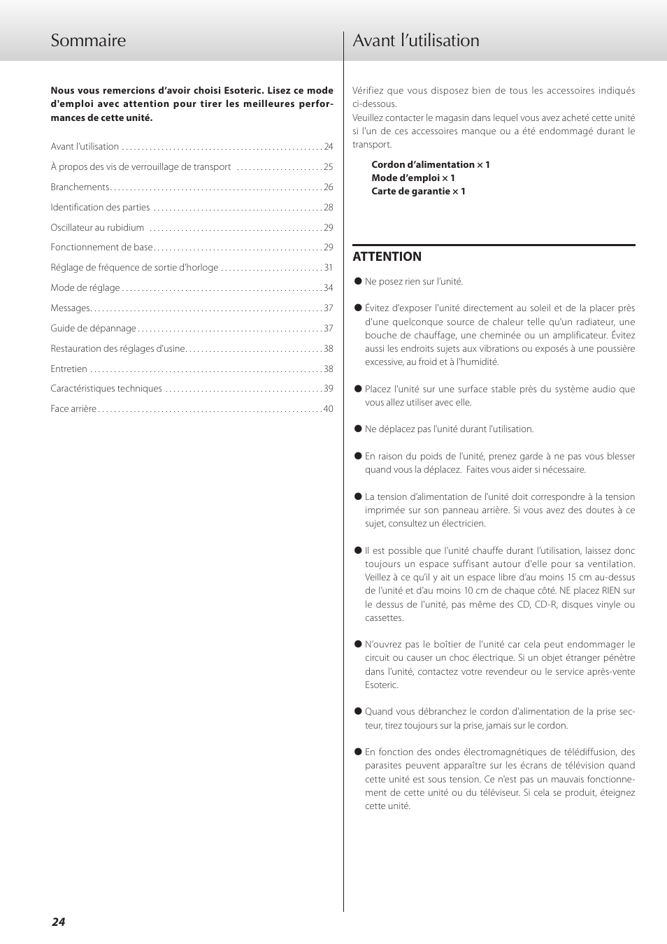 Avant l’utilisation, Sommaire, Attention | Teac G-01 User Manual | Page 24 / 60