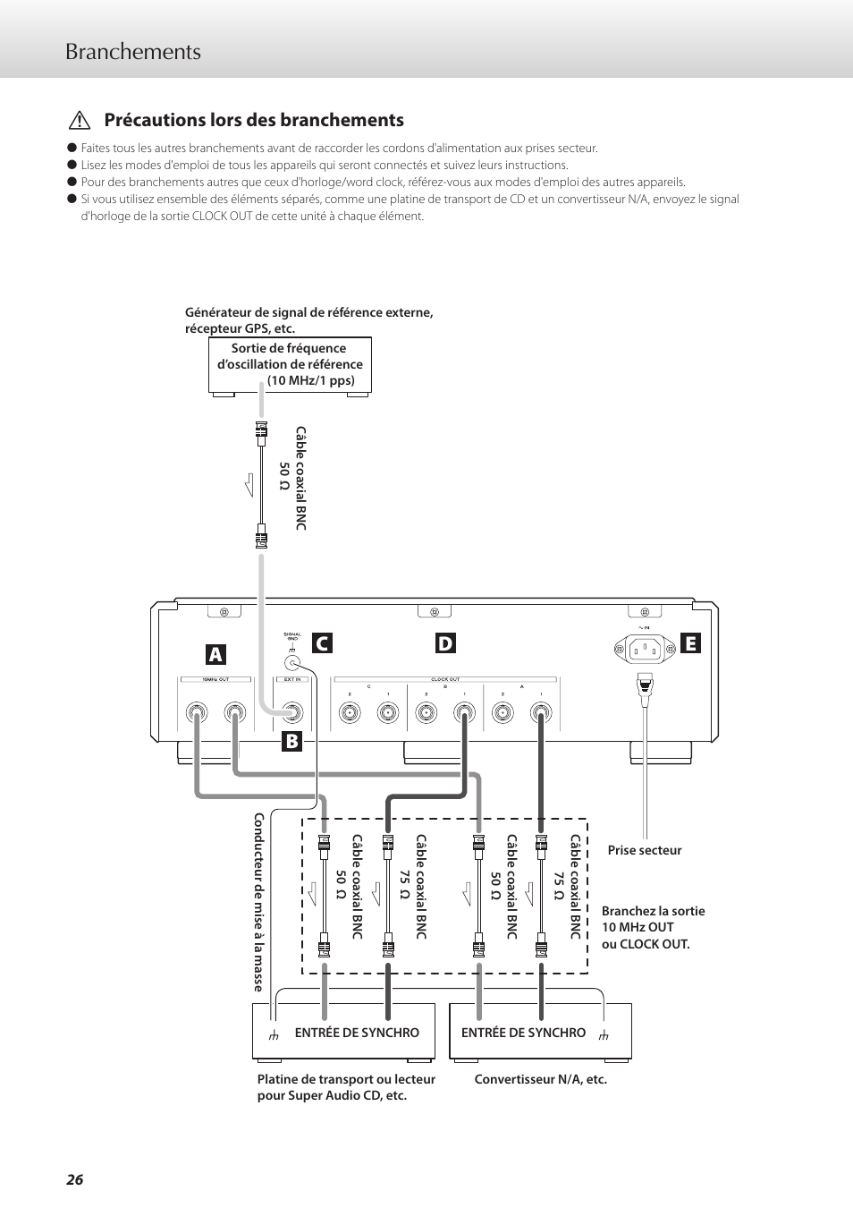 Branchements, Bc e d, Vprécautions lors des branchements | Teac G-01 User Manual | Page 26 / 60