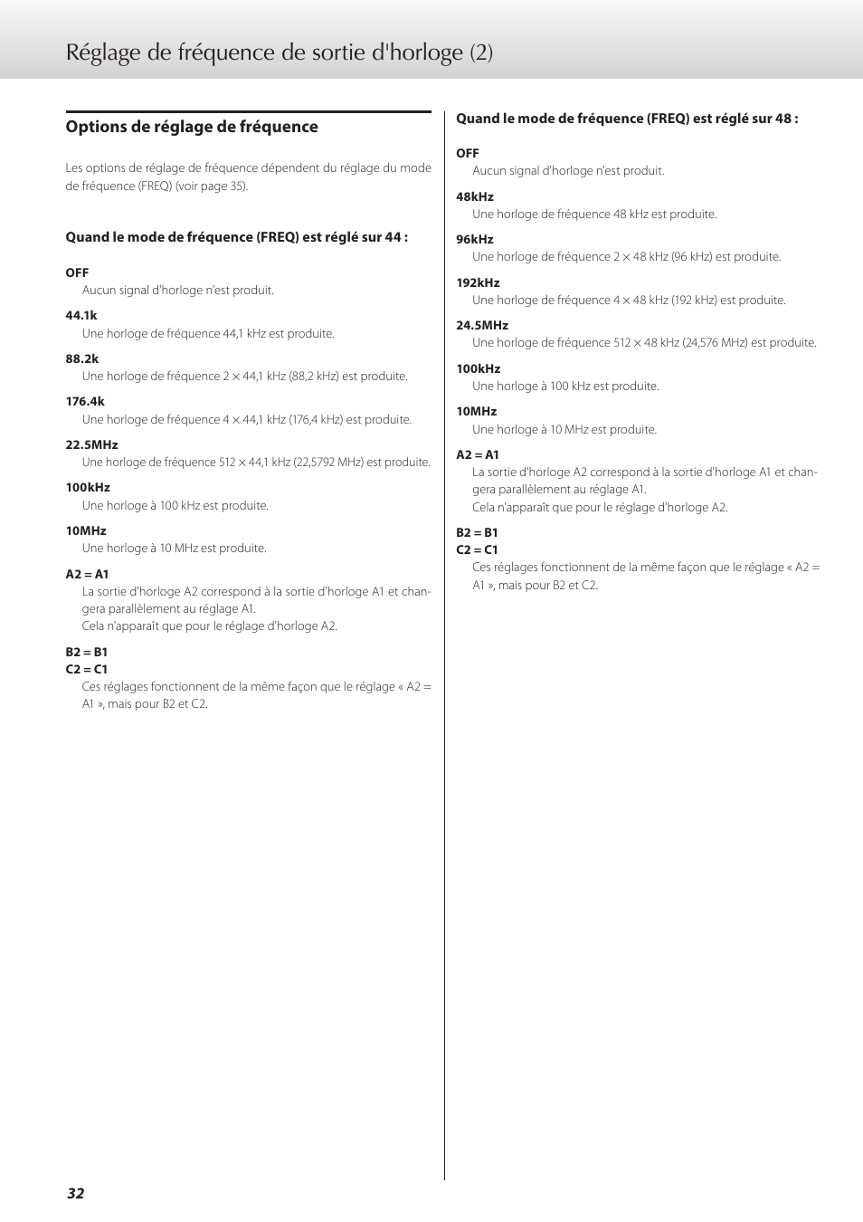 Réglage de fréquence de sortie d'horloge (2), Options de réglage de fréquence | Teac G-01 User Manual | Page 32 / 60