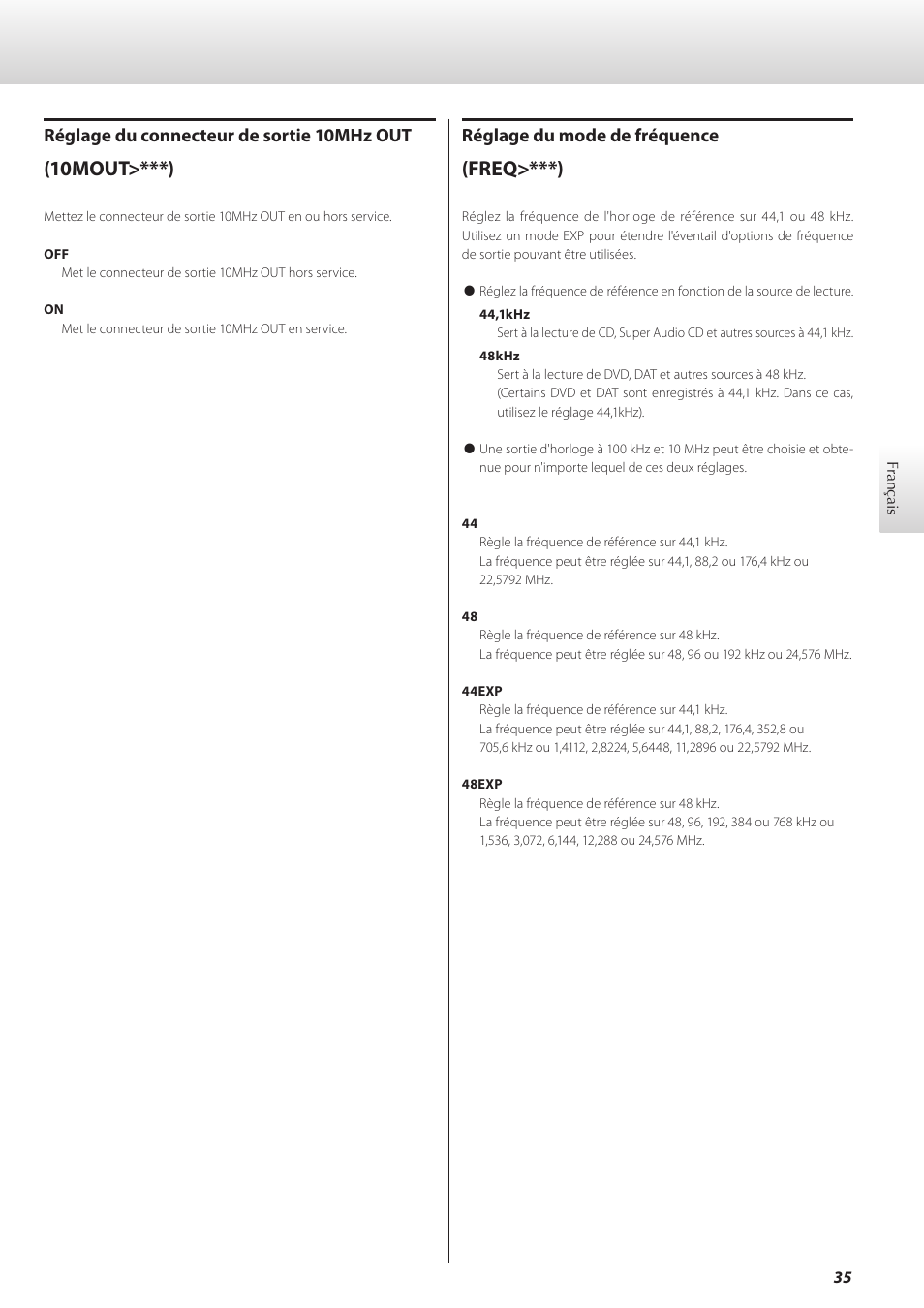 Freq>***), 10mout>***), Réglage du mode de fréquence | Réglage du connecteur de sortie 10mhz out | Teac G-01 User Manual | Page 35 / 60