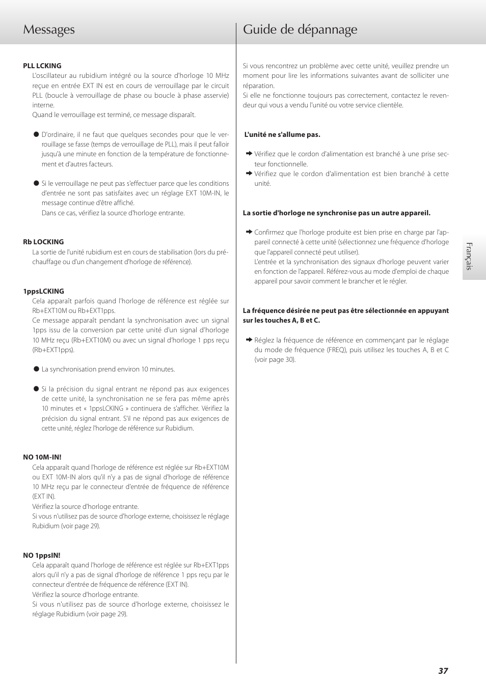 Messages, Guide de dépannage | Teac G-01 User Manual | Page 37 / 60