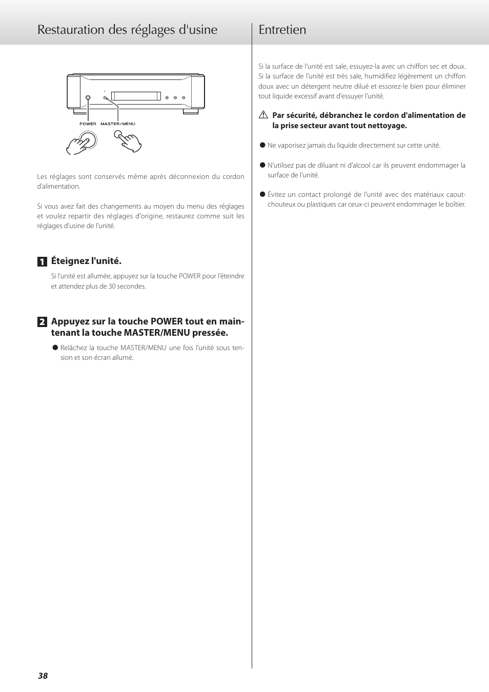 Restauration des réglages d'usine, Entretien, Restauration des réglages d'usine entretien | Teac G-01 User Manual | Page 38 / 60