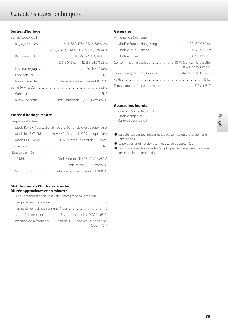 Caractéristiques techniques | Teac G-01 User Manual | Page 39 / 60