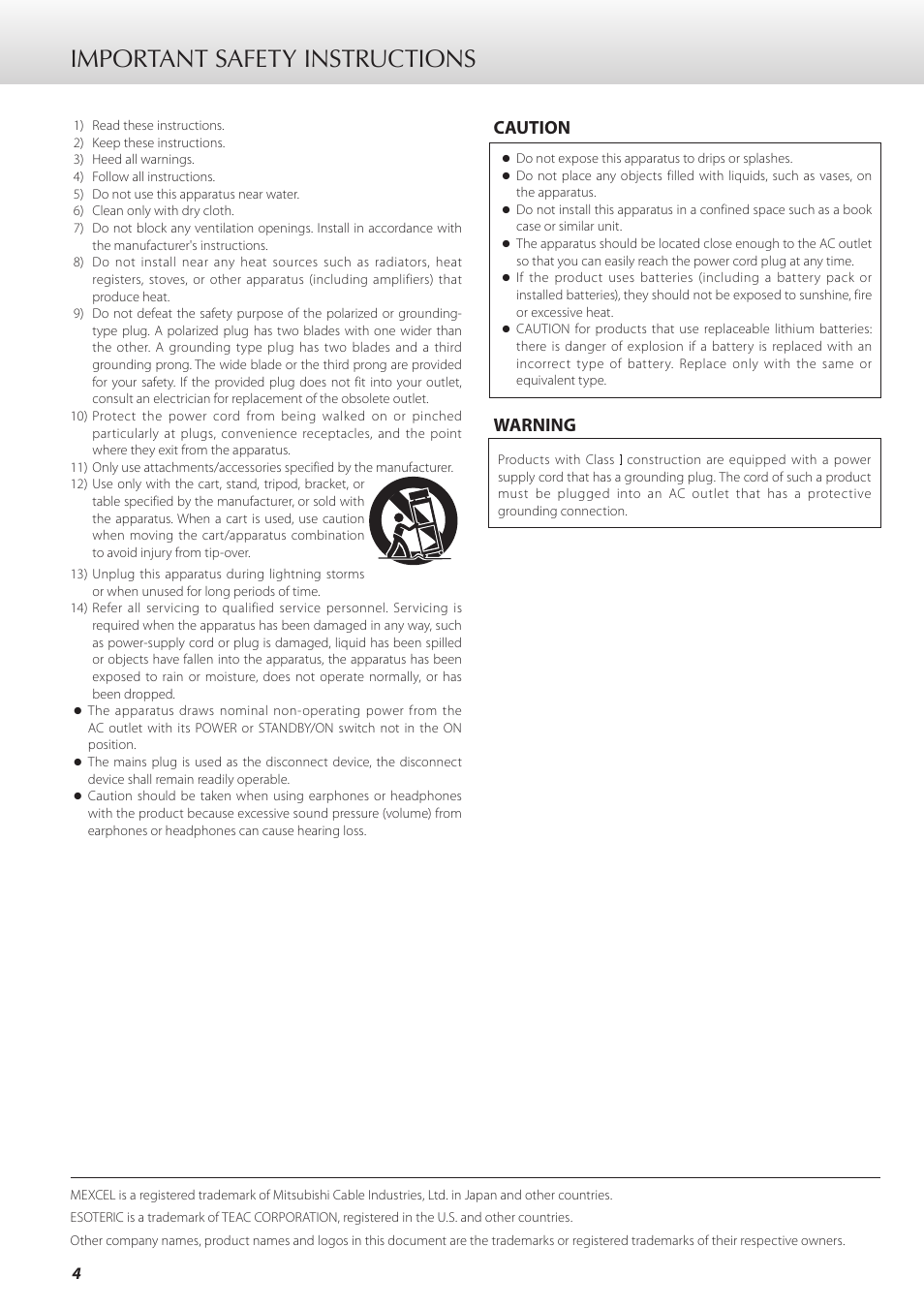 Important safety instructions, Caution warning | Teac G-01 User Manual | Page 4 / 60