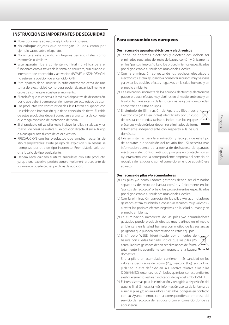 Español, Para consumidores europeos, Instrucciones importantes de seguridad | Teac G-01 User Manual | Page 41 / 60