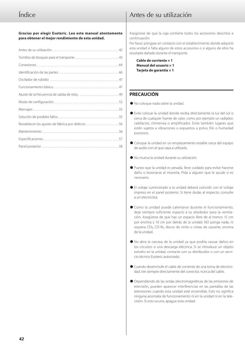 Antes de su utilización, Índice, Precaución | Teac G-01 User Manual | Page 42 / 60