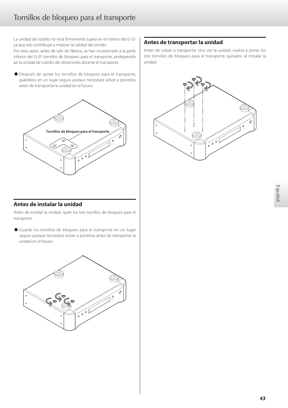 Tornillos de bloqueo para el transporte | Teac G-01 User Manual | Page 43 / 60