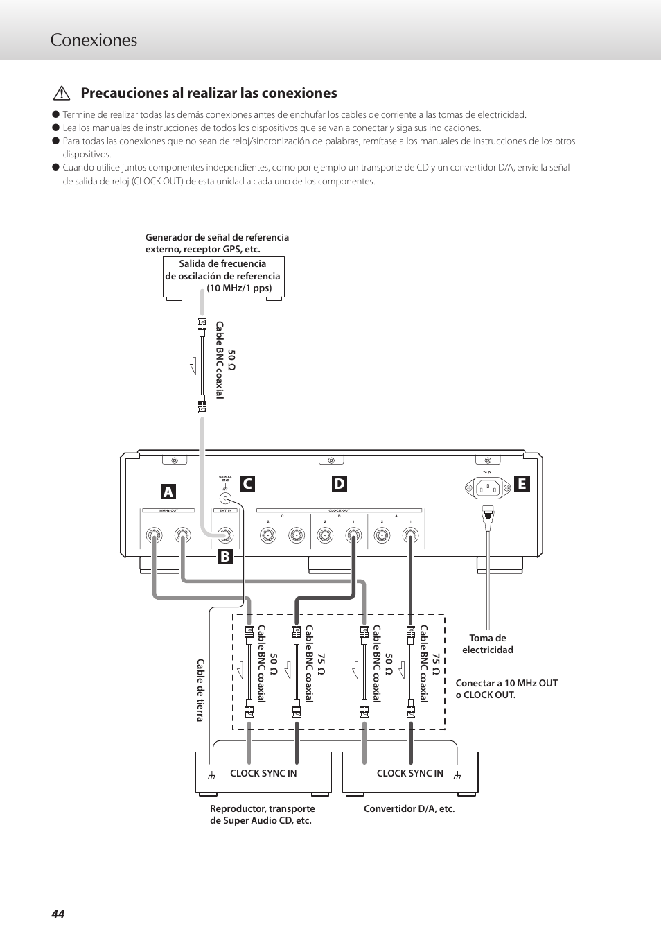 Conexiones, Bc e d, Vprecauciones al realizar las conexiones | Teac G-01 User Manual | Page 44 / 60