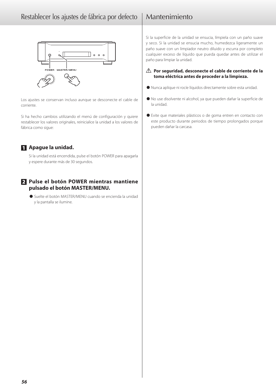 Restablecer los ajustes de fábrica por defecto, Mantenimiento | Teac G-01 User Manual | Page 56 / 60