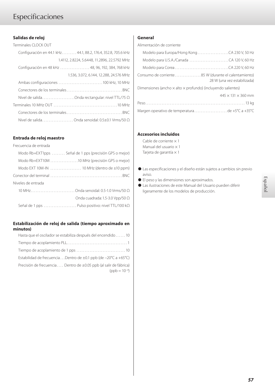 Especificaciones | Teac G-01 User Manual | Page 57 / 60