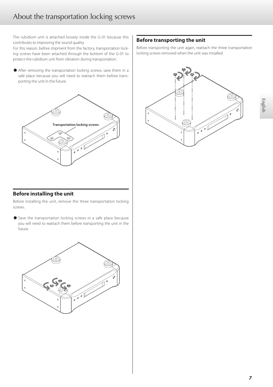 About the transportation locking screws | Teac G-01 User Manual | Page 7 / 60