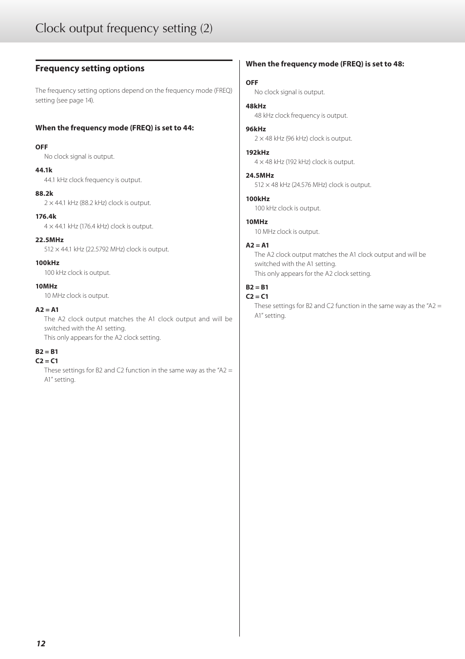 Clock output frequency setting (2), Frequency setting options | Teac G-02 User Manual | Page 12 / 48