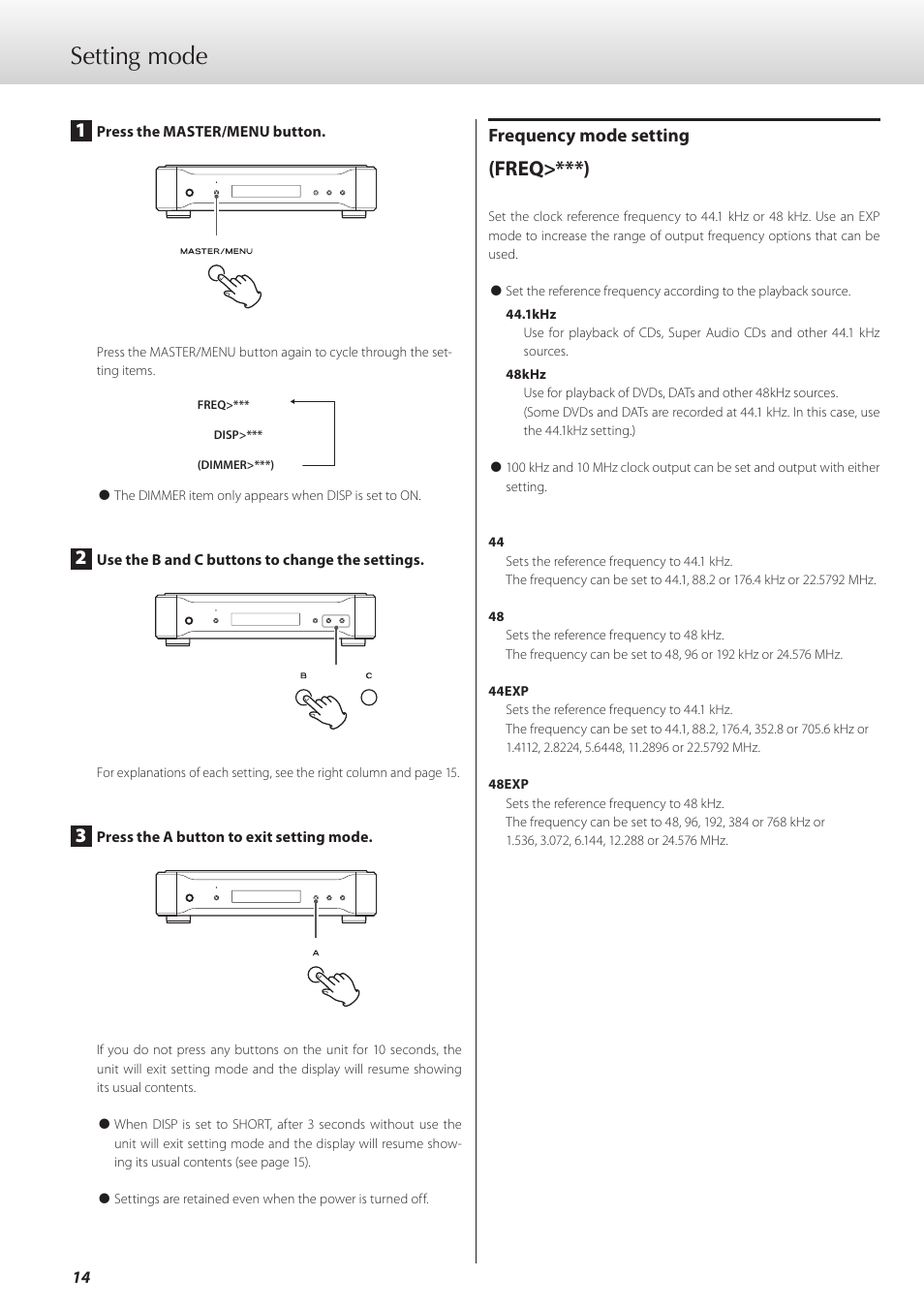 Setting mode, Freq>***), Frequency mode setting | Teac G-02 User Manual | Page 14 / 48