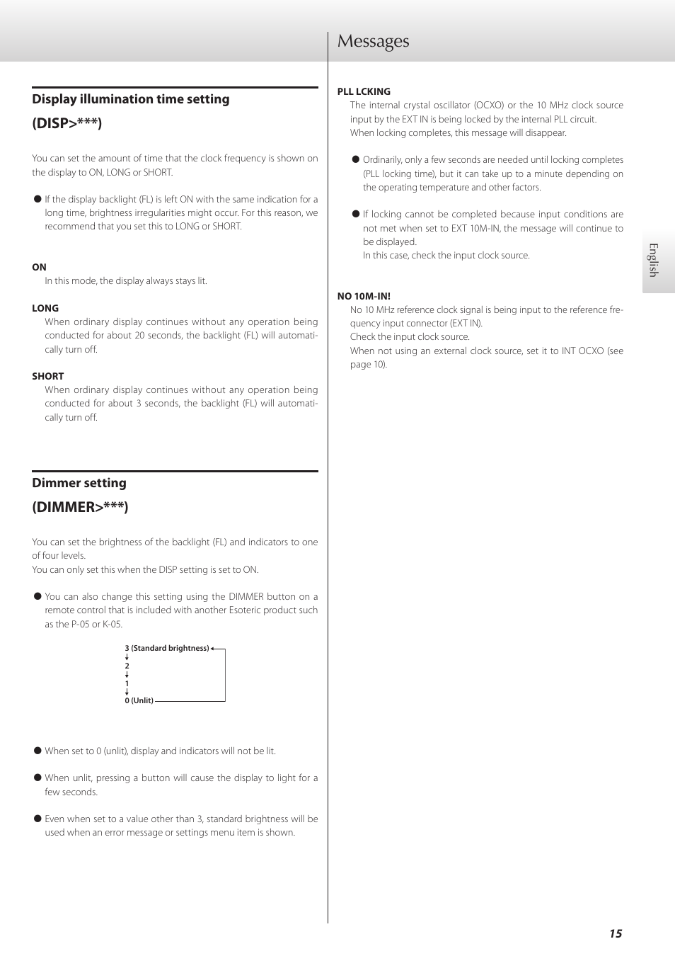 Messages, Disp>***), Dimmer>***) | Display illumination time setting, Dimmer setting | Teac G-02 User Manual | Page 15 / 48