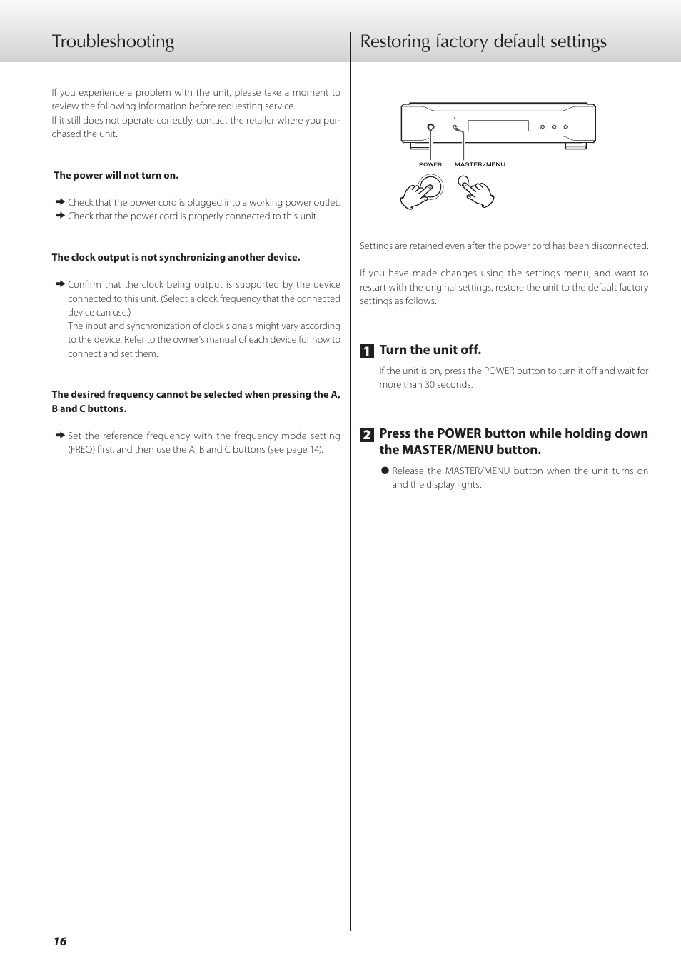 Troubleshooting, Restoring factory default settings | Teac G-02 User Manual | Page 16 / 48