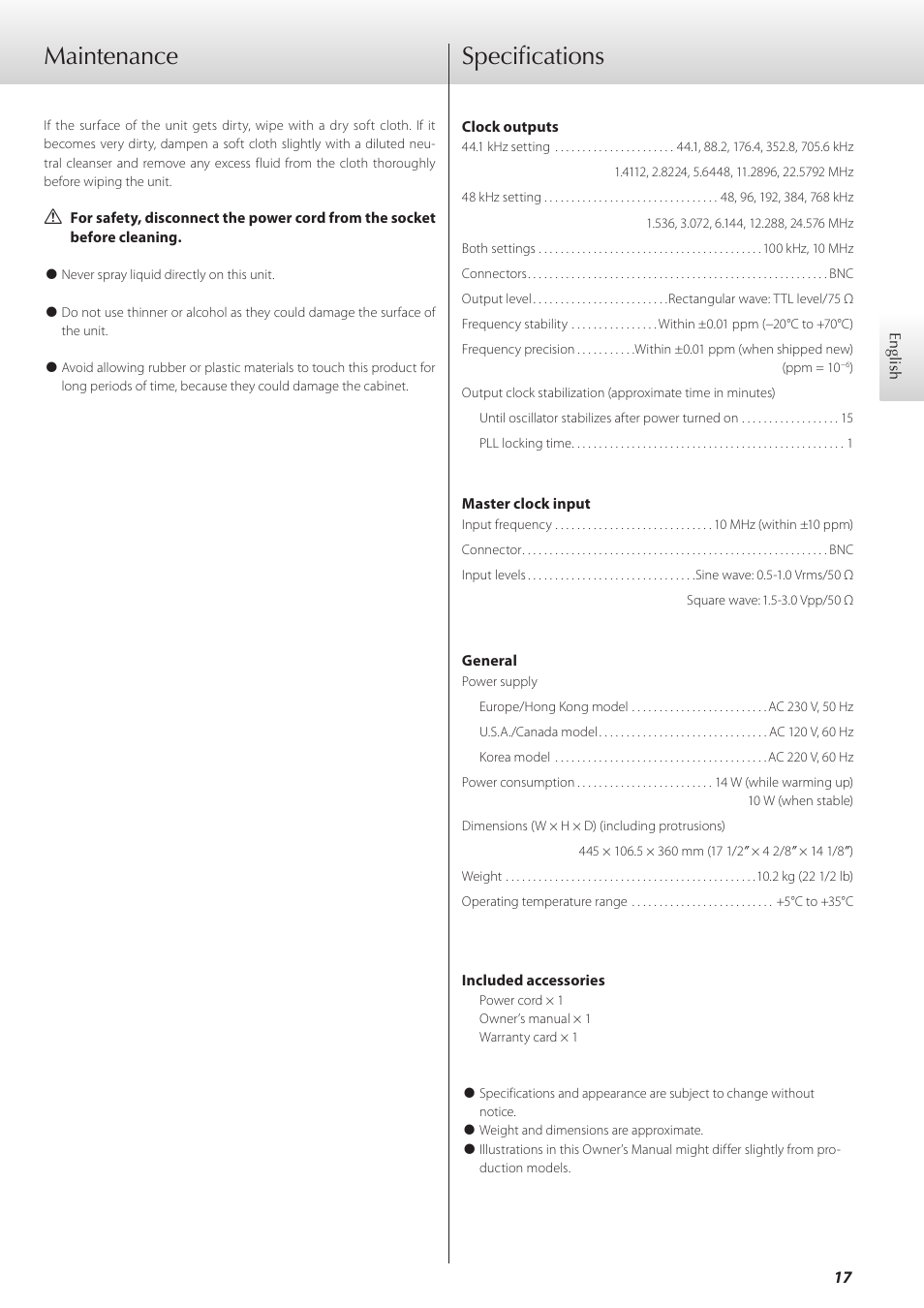 Maintenance, Specifications, Specifications maintenance | Teac G-02 User Manual | Page 17 / 48