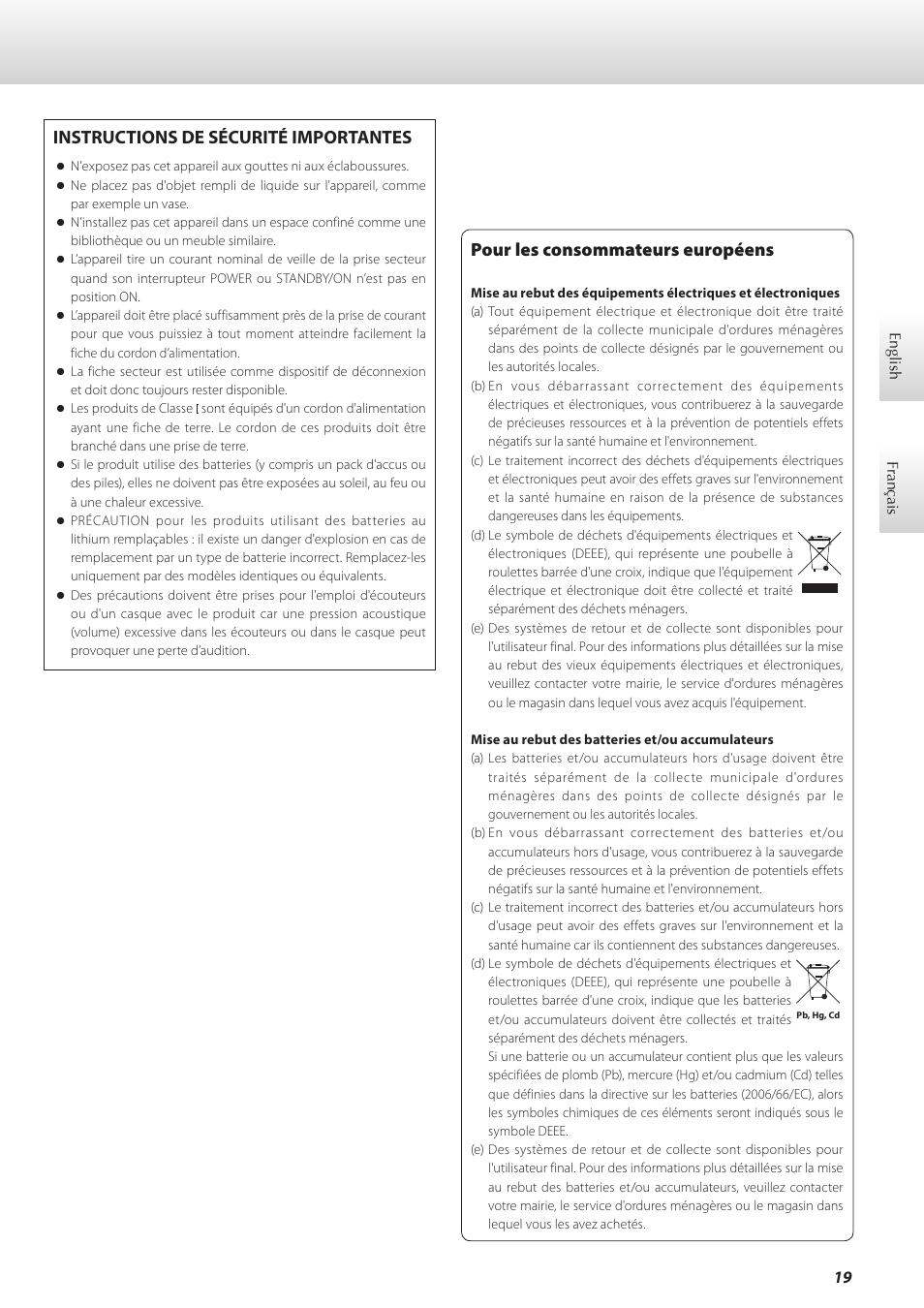 Français, Pour les consommateurs européens, Instructions de sécurité importantes | Teac G-02 User Manual | Page 19 / 48