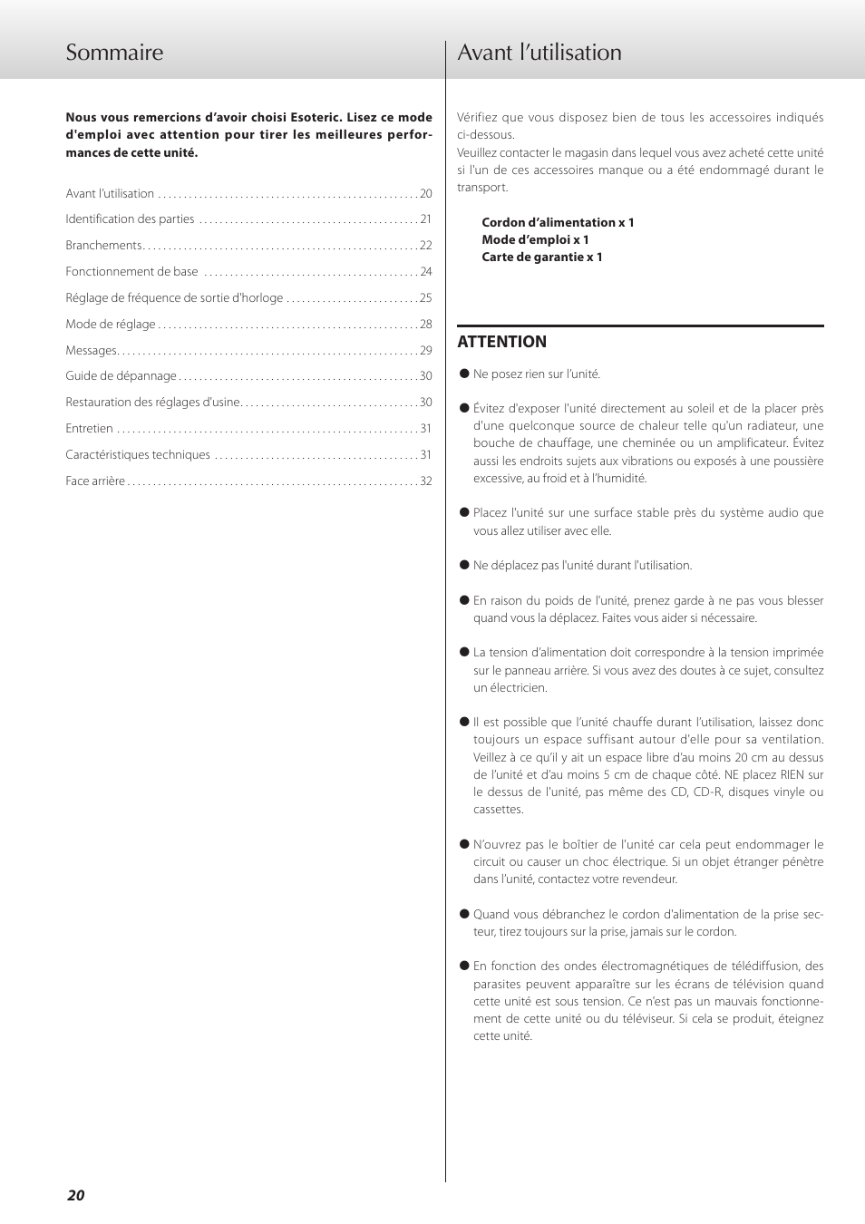 Avant l’utilisation, Sommaire, Attention | Teac G-02 User Manual | Page 20 / 48