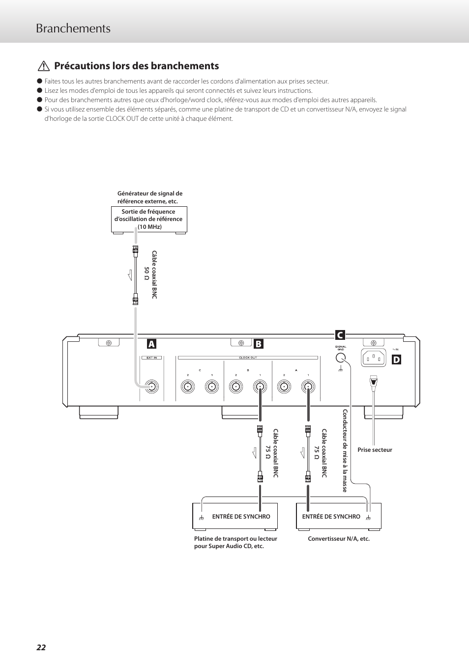 Branchements, Vprécautions lors des branchements, Ab d c | Teac G-02 User Manual | Page 22 / 48