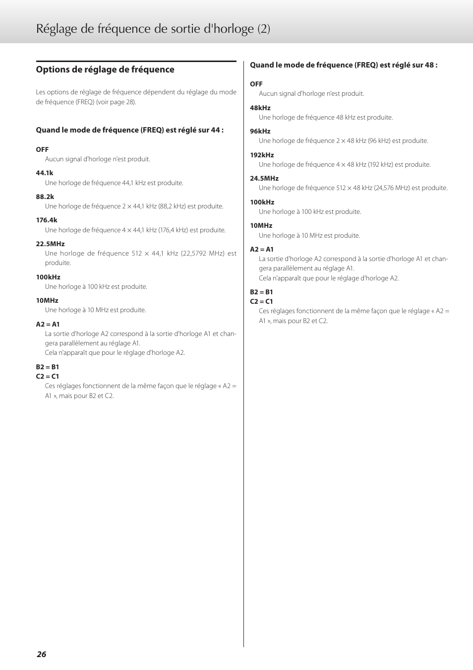 Réglage de fréquence de sortie d'horloge (2), Options de réglage de fréquence | Teac G-02 User Manual | Page 26 / 48