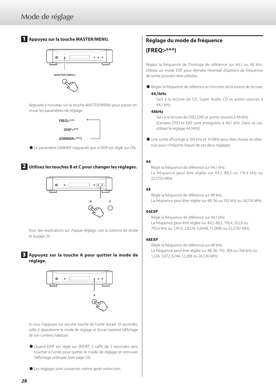 Mode de réglage, Freq>***), Réglage du mode de fréquence | Teac G-02 User Manual | Page 28 / 48