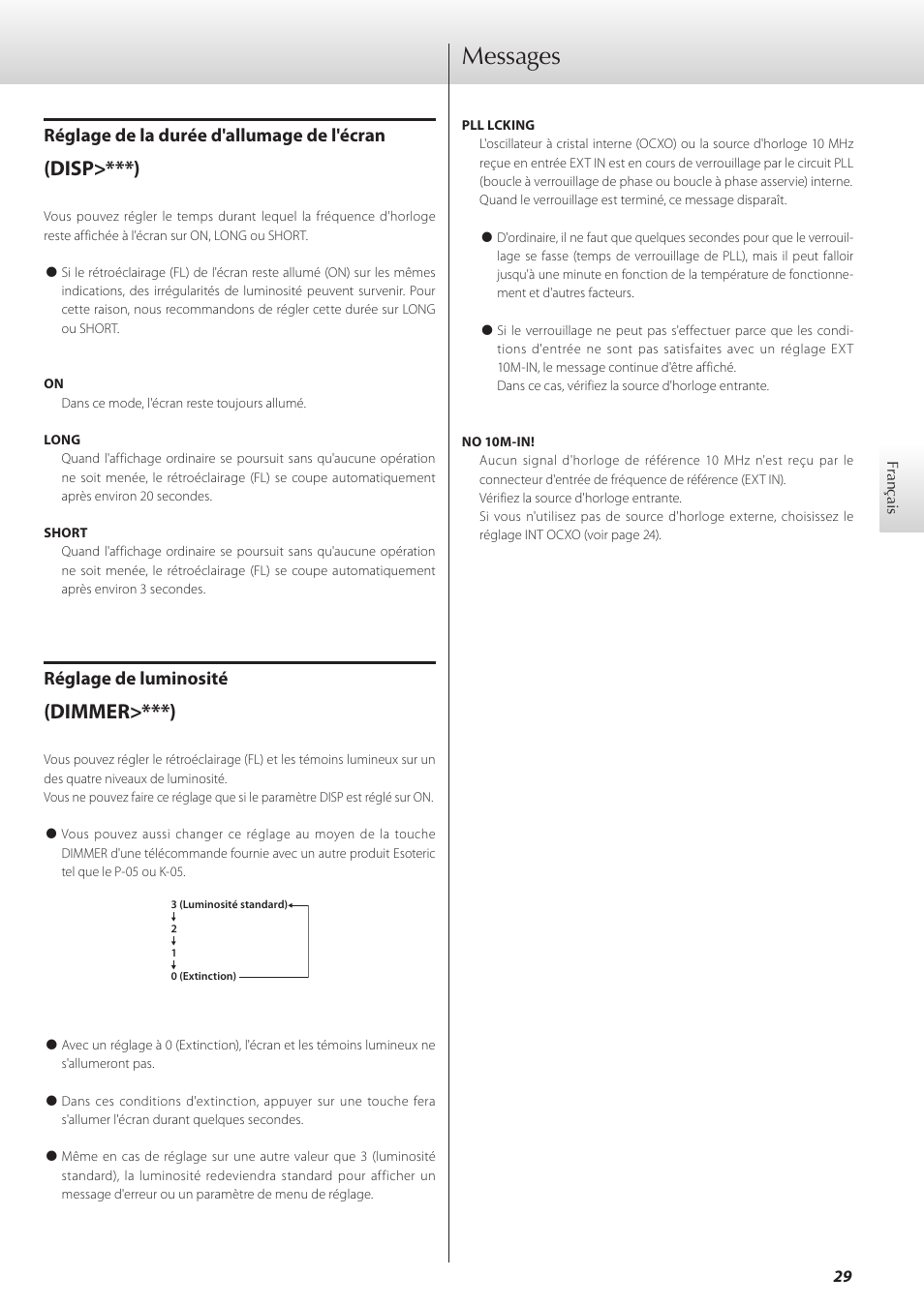 Messages, Disp>***), Dimmer>***) | Réglage de la durée d'allumage de l'écran, Réglage de luminosité | Teac G-02 User Manual | Page 29 / 48