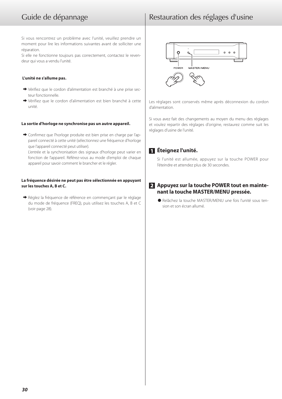 Guide de dépannage, Restauration des réglages d'usine | Teac G-02 User Manual | Page 30 / 48