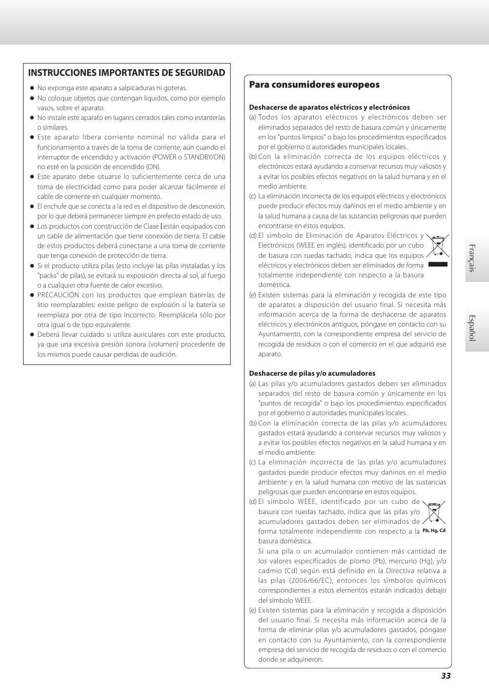 Español, Para consumidores europeos, Instrucciones importantes de seguridad | Teac G-02 User Manual | Page 33 / 48