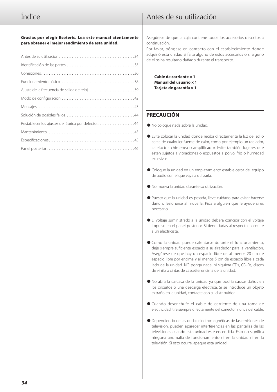 Antes de su utilización, Índice, Precaución | Teac G-02 User Manual | Page 34 / 48