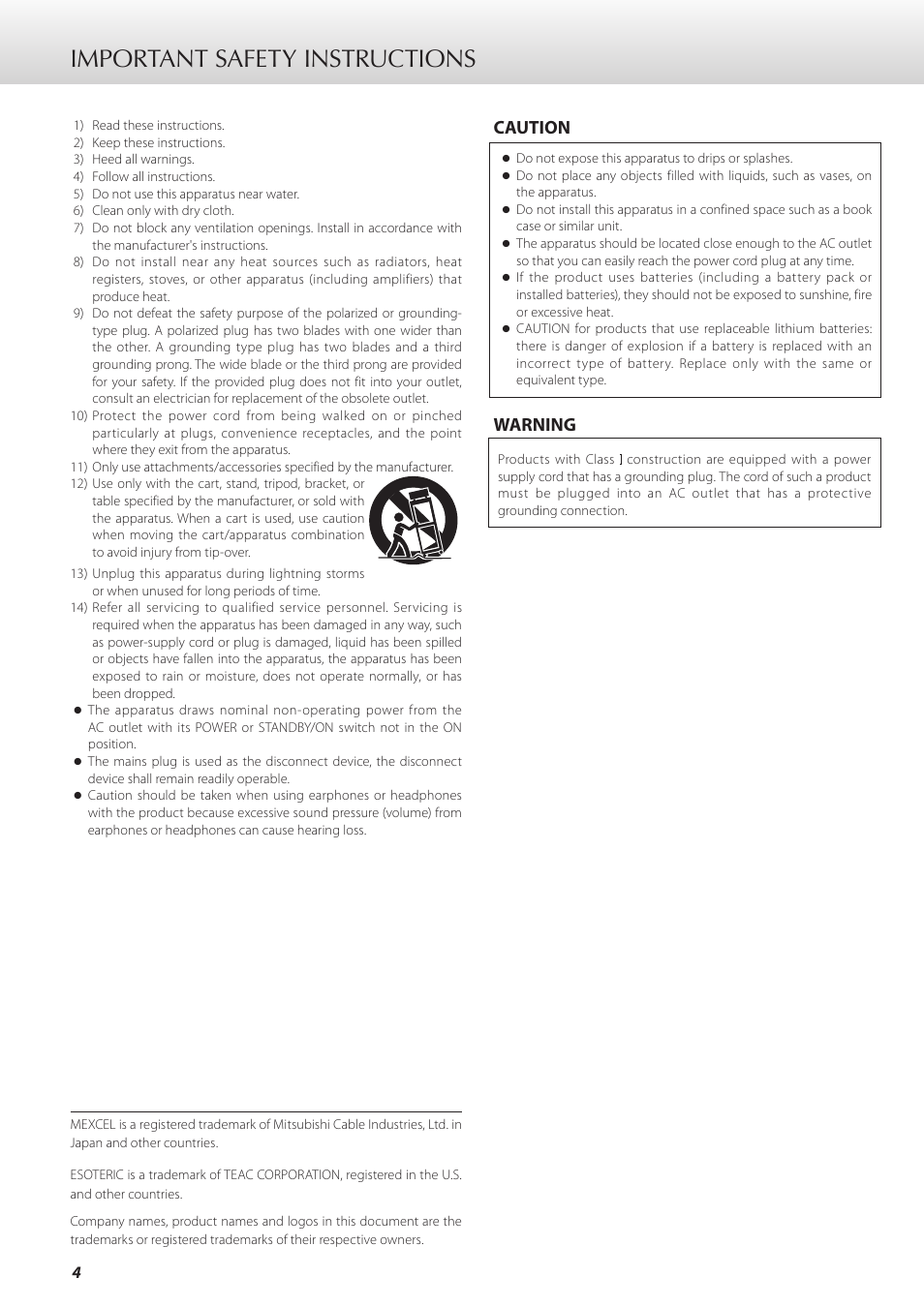 Important safety instructions, Caution warning | Teac G-02 User Manual | Page 4 / 48