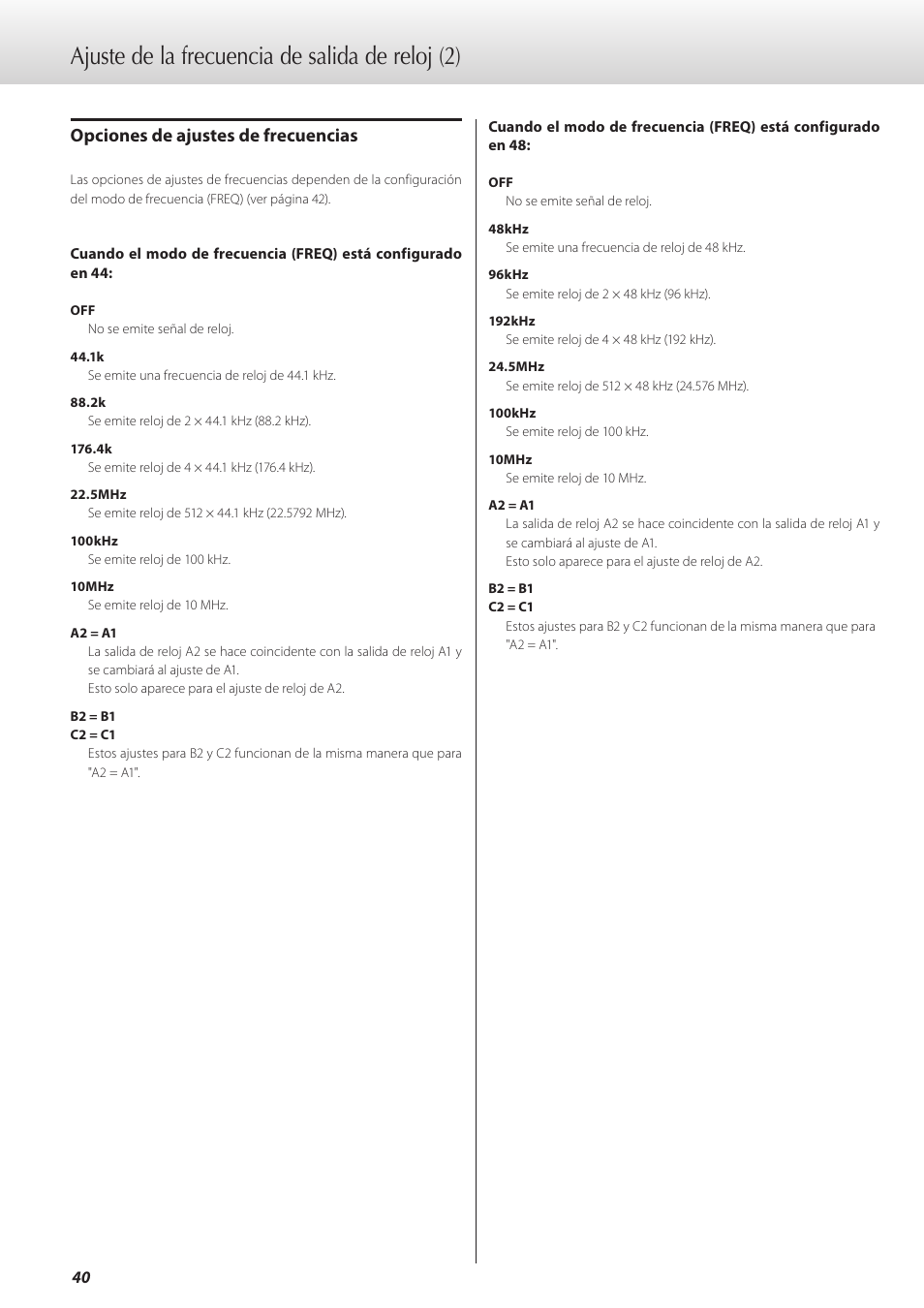 Ajuste de la frecuencia de salida de reloj (2), Opciones de ajustes de frecuencias | Teac G-02 User Manual | Page 40 / 48