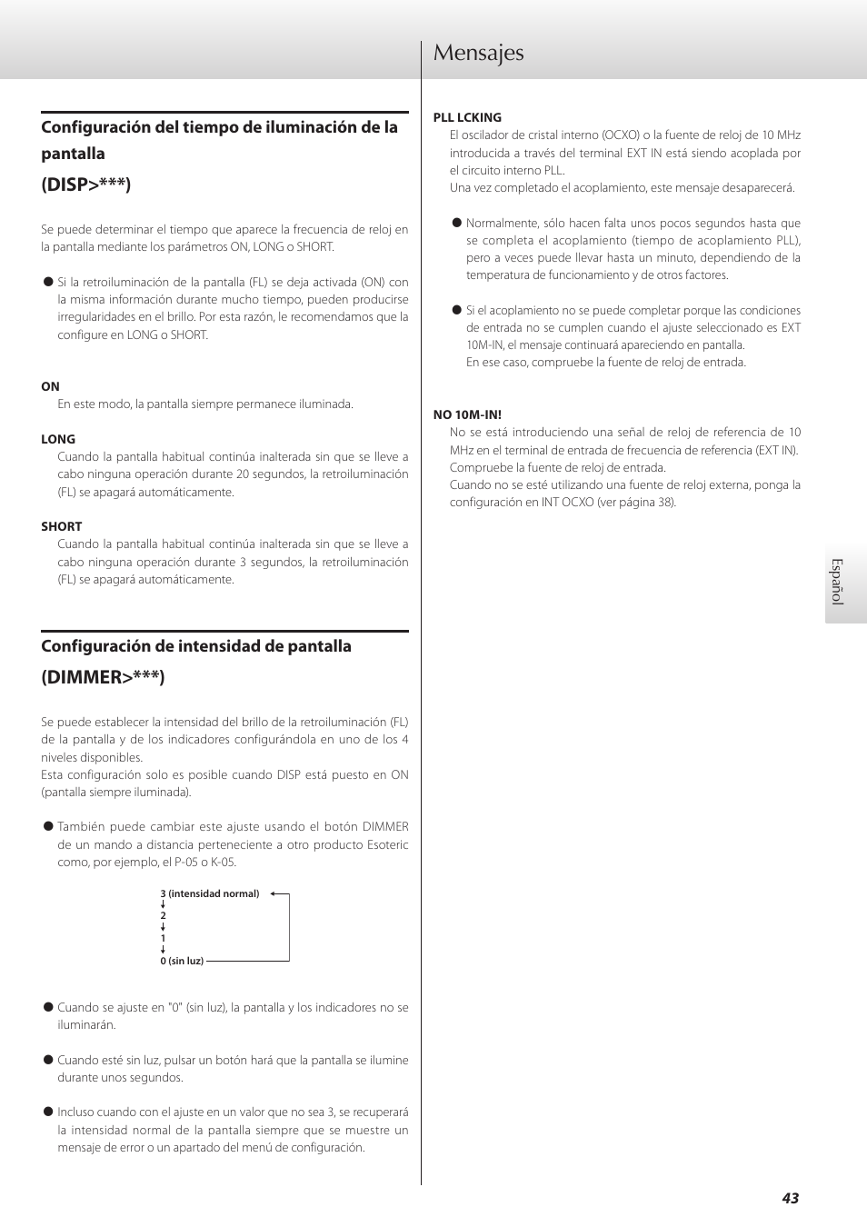 Mensajes, Disp>***), Dimmer>***) | Configuración de intensidad de pantalla | Teac G-02 User Manual | Page 43 / 48