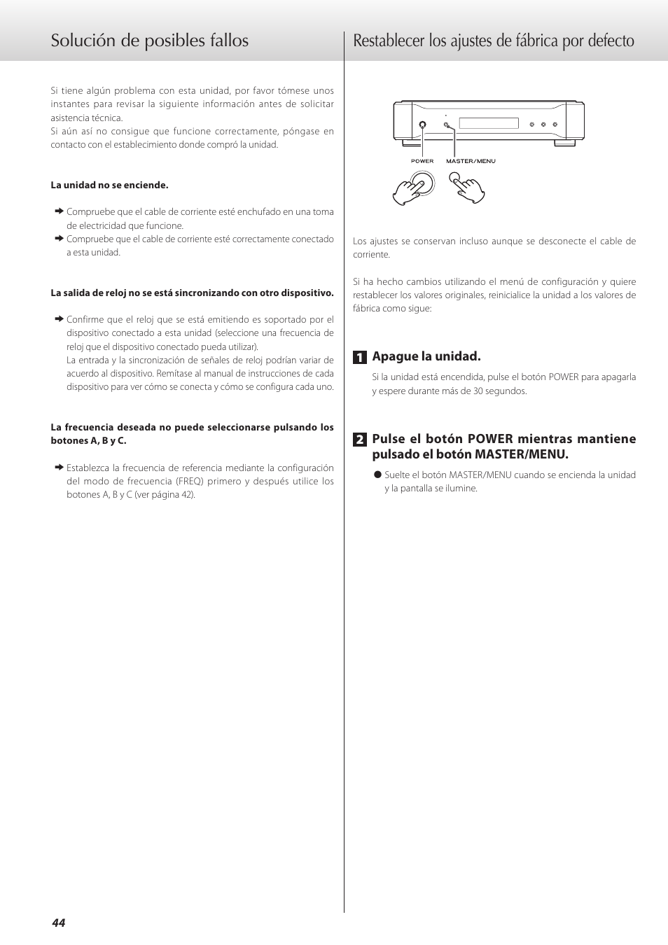 Solución de posibles fallos, Restablecer los ajustes de fábrica por defecto | Teac G-02 User Manual | Page 44 / 48