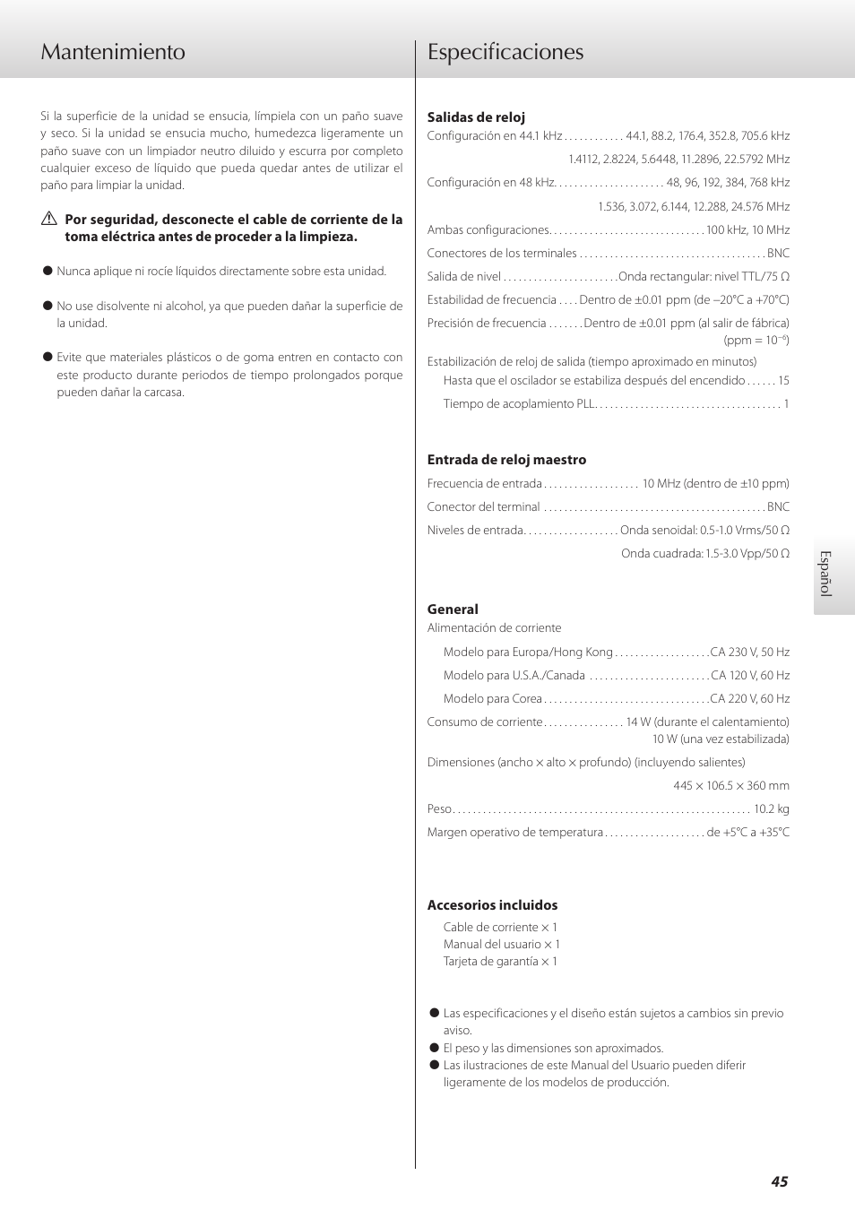 Mantenimiento, Especificaciones, Especificaciones mantenimiento | Teac G-02 User Manual | Page 45 / 48