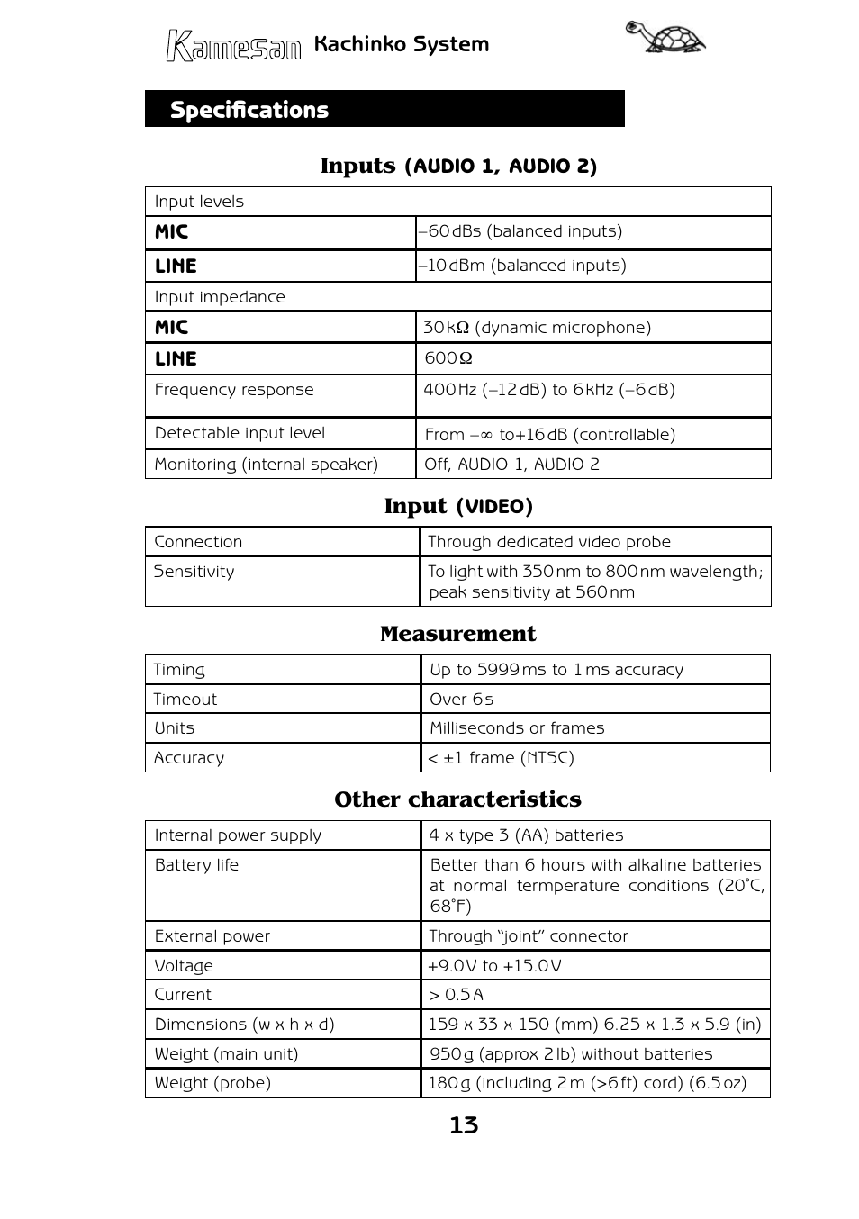 Specifications, Kachinko system, Inputs | Input, Measurement, Other characteristics | Teac KS-1017 User Manual | Page 13 / 16