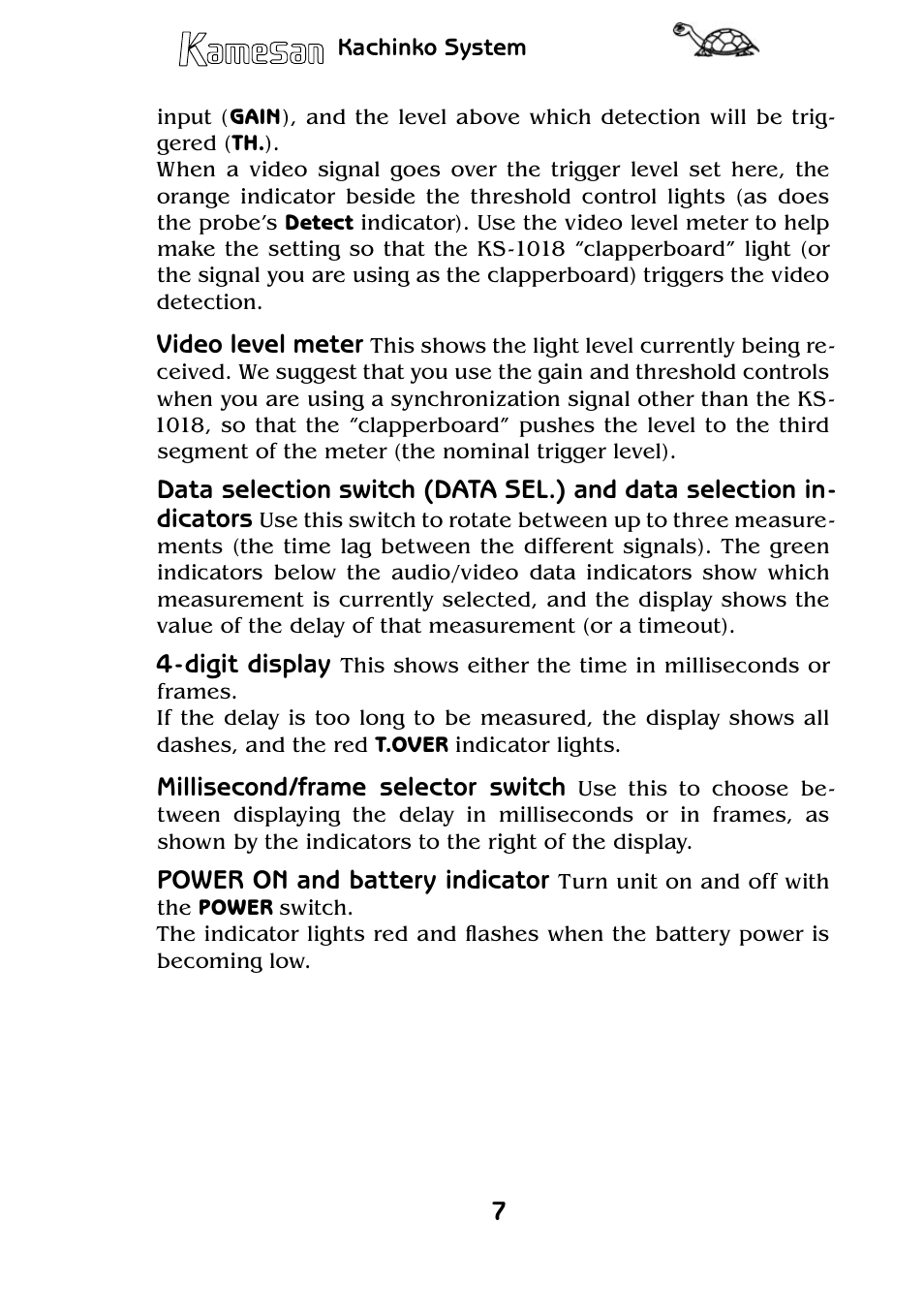 Video level meter, Digit display, Millisecond/frame selector switch | Power on and battery indicator | Teac KS-1017 User Manual | Page 7 / 16