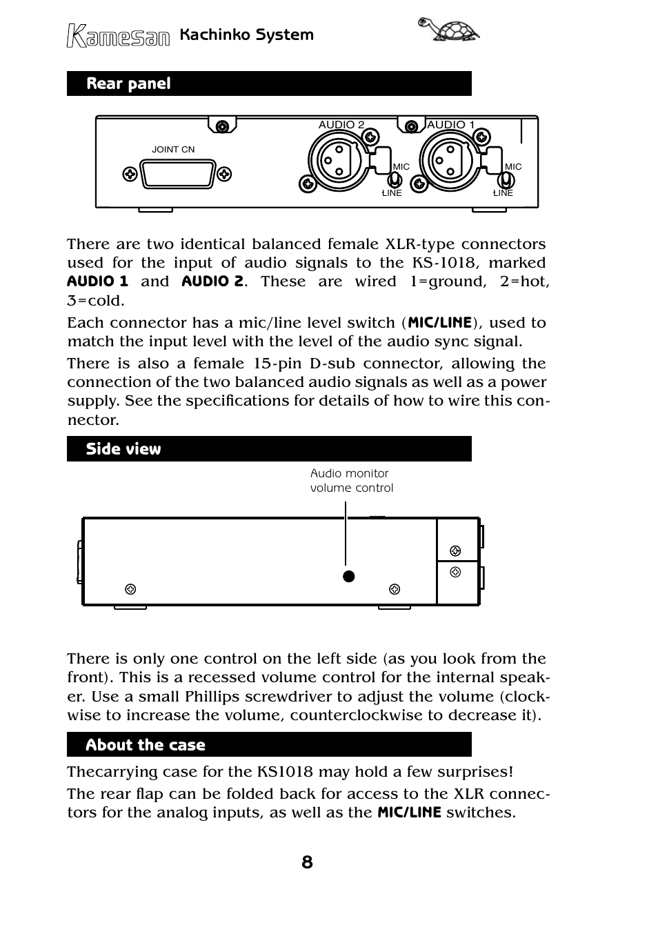 Kachinko system, Kachinko system rear panel, Side view | About the case | Teac KS-1017 User Manual | Page 8 / 16