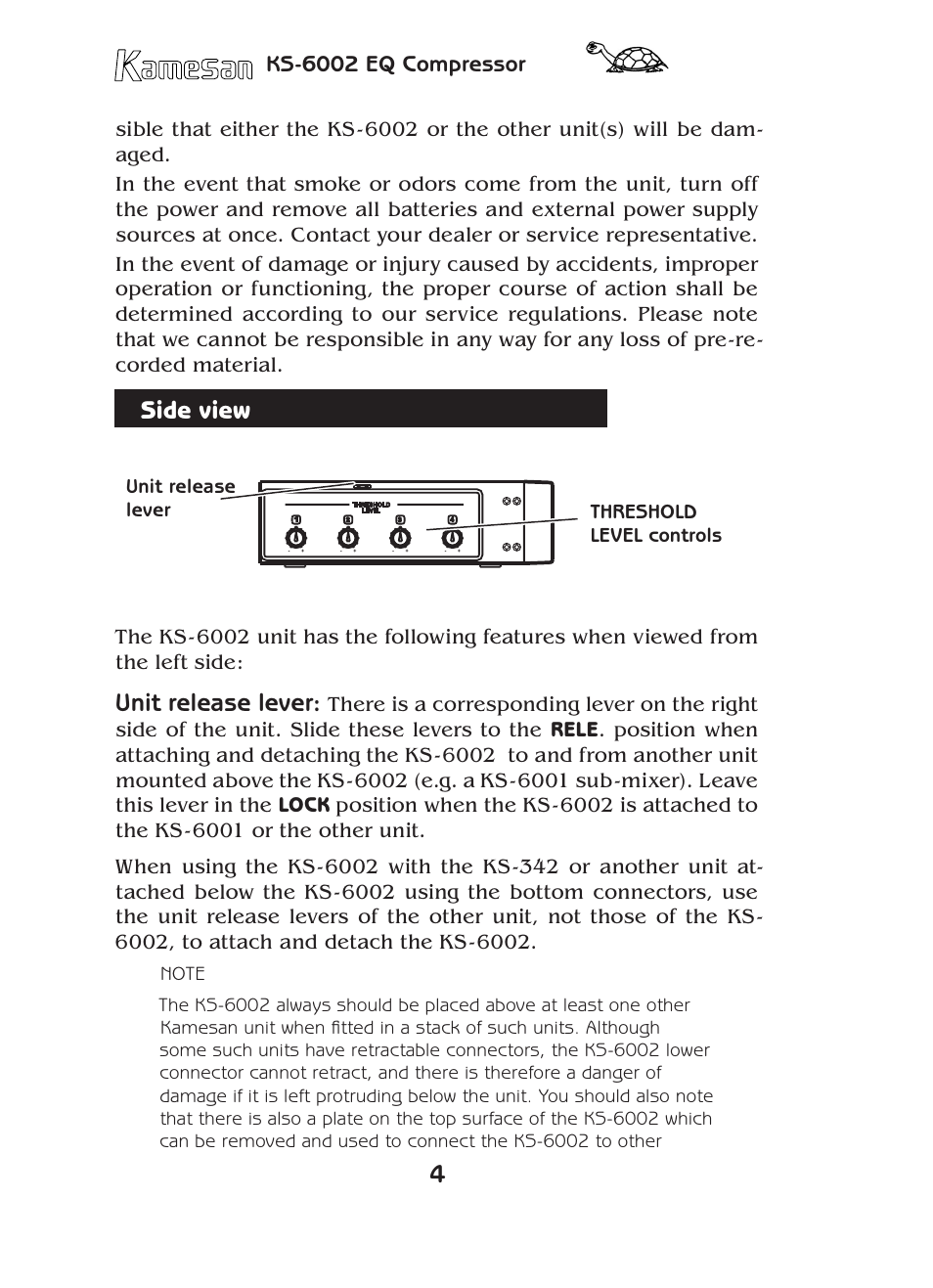 Side view, Unit release lever, Ks-6002 eq compressor | Teac KS-6002 User Manual | Page 4 / 12