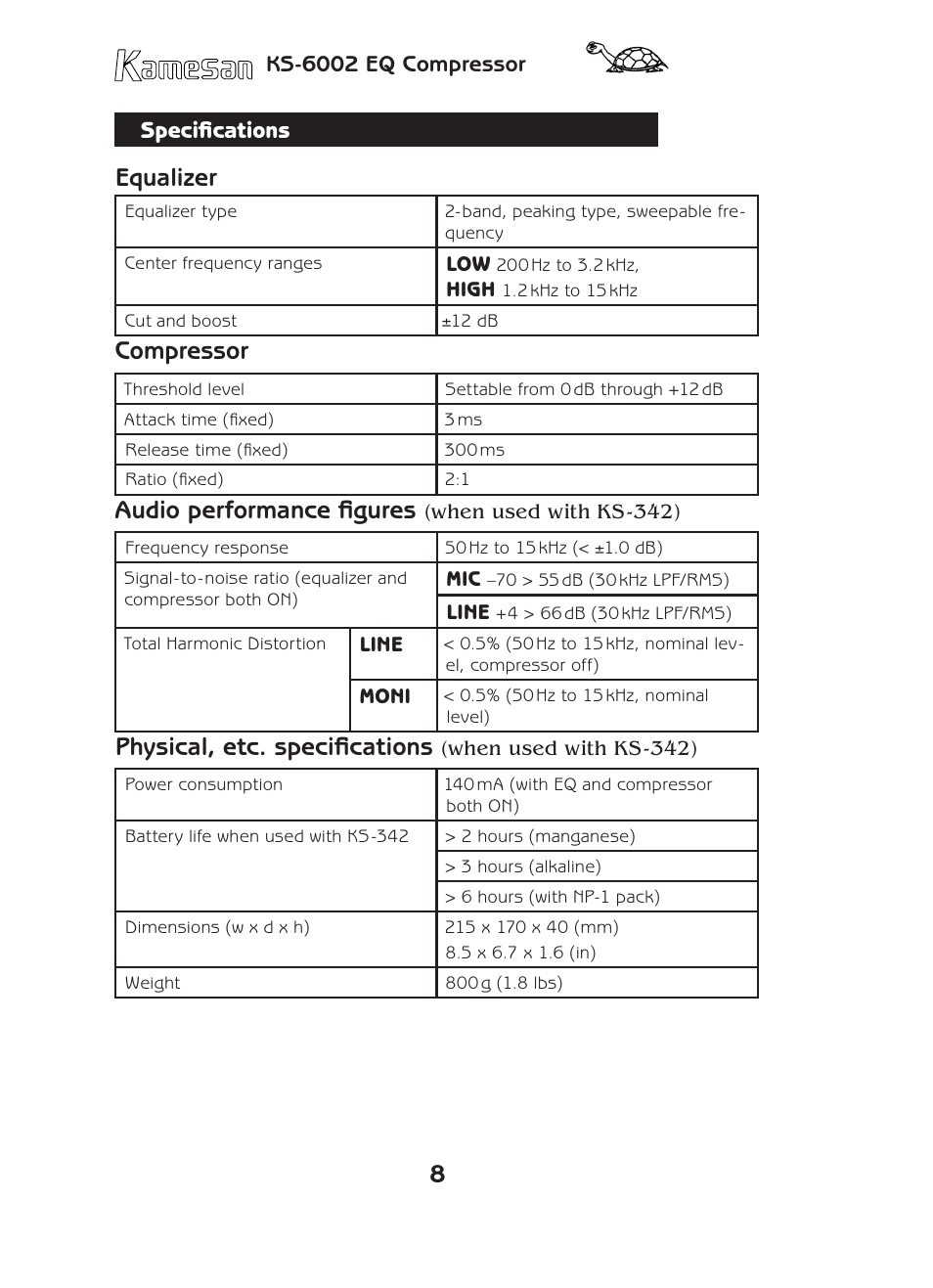 Equalizer, Compressor, Audio performance figures | Physical, etc. specifications, Specifications | Teac KS-6002 User Manual | Page 8 / 12